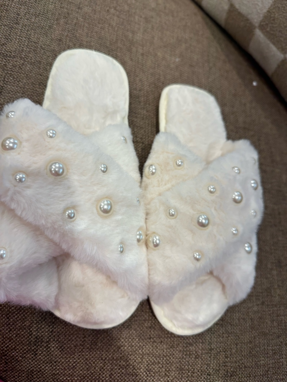 Faux Fur Pearl-Embellished Coat - Cream